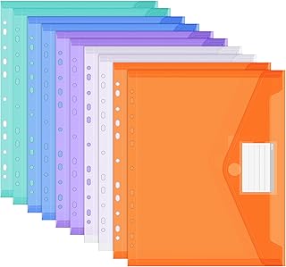10 Stück Dokumententasche A4, Wasserdichte Dokumentenmappe, 11 Lochrand Sammelmappen Mit Etikettentasche, Bunte Mappen für Dokumente Organisieren, Bürobedarf, Hausaufgaben