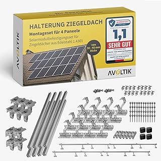 Solar Halterung Ziegeldach I Set für 4 PV Module 30-45mm I Solarmodul Halterung Balkonkraftwerk I Solarmodulbefestigungsset für Ziegeldächer aus Edelstahl 1.4301 I PV-Halterung Montageset Test 2025
