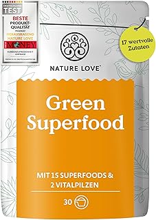 NATURE LOVE® Green Superfood - 300g - 15 Superfoods und 2 Vitalpilze - u.a. mit Gerstengras, Spirulina & Moringa - Greens Pulver ohne Aromen, Süßstoffe oder zugesetzten Zucker - vegan & laborgeprüft