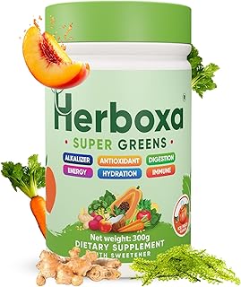 Herboxa SUPER GREENS - Grüne Helfer Entgiftungspulver - Enthält Chicoréewurzel, Zink und Chrom - Eispfirsichgeschmack - 50 Portionen