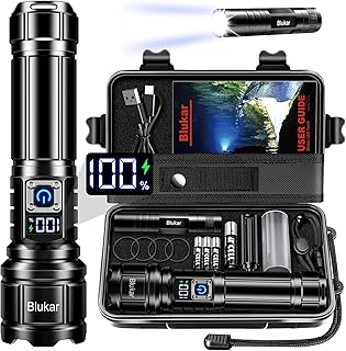 Blukar Taschenlampe LED Aufladbar, 500000L Extrem Hell Taschenlampen Zoombare Taktische Handlampe mit 5 Lichtmodi, IP67 Wasserdicht Flashlight Torch für Camping, Outdoor, Notfäll