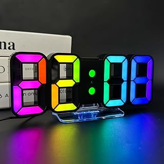 3D LED Digitalwecker, Tischuhr/Wanduhr Digital Uhr 14 RGB Farbwechsel 12/24 Stunden 3 Helligkeitsanpassungen Nachthelligkeitsmodus Schlummermodus mit Fernbedienung Schwarz