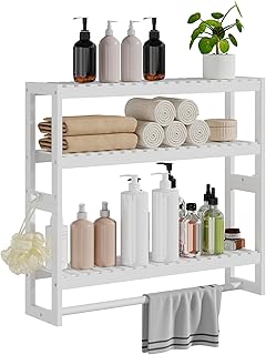 RRX Bambus-Badezimmerregal, 15cmx59cmx53cm H, 3-stöckig, verstellbare Schicht, schwebender Wandständer oder Ständer mit Stange, Standregal, Handtuchhalter, Hängestange für Badezimmer (Weiß) Test 2025