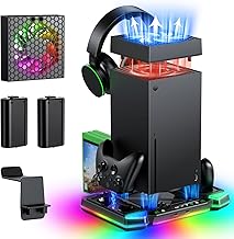 Automatischer Lüfter und Ladestation Zubehör für Xbox Series X Konsole&Controller, temperaturgesteuertes Lüftersystem und Ladeständer mit 11 RGB-Lichtern, 2 wiederaufladbaren Batterien, Headset Haken Test 2025