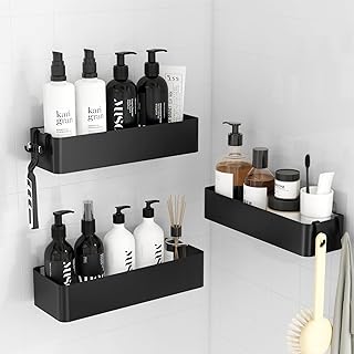 Kitsure Duschablage ohne Bohren - 3 Stück rostfreie Badezimmer Organizer, schnell trocknende Badregal ohne Bohren mit großer Kapazität, langlebige Shampoo Halterung für Duschel, Large, Schwarz