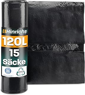 Hinrichs Müllsäcke 120L extra Stark - 15er Rolle - 70x110 cm - reißfeste Müllbeutel - Mülltüten aus Recycling LDPE - Abfallsäcke für Garten, Haushalt & Baustelle - 15 Stück Müllbeutel 120 L schwarz