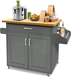 Bewegliche Kücheninseln Küchenwagen mit Gewürzboard Handtuchhalter & Schublade Küchenwagen auf Rollen Küchenschrank mit Arbeitsplatte aus Holz Küchentrolley Servierwagen 115 x 36 x 90 cm Grau