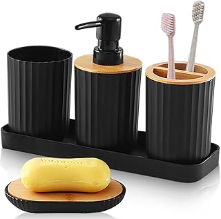 5 teiliges Schwarzes Badezimmer Zubehör Set, Badezimmer Zubehör aus Kunststoff, Badezubehör einschließlich Badezimmer Seifenspender, Zahnbürstenhalter, Badezimmerbecher, Seifenschale