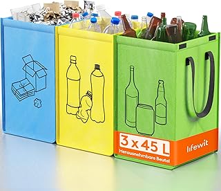 Lifewit Mülltrennsystem für Küche，Mülleimer 3 fächer für Papier, Glas und Plastik ，Recycling behälter, Altpapier sammelbehälter und Pfandflaschen sammelbehälter, 3 X 45L, Einfache Entleerung