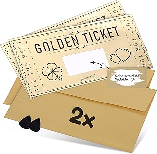 DasWas 2x Goldenes Ticket - Geschenk Gutschein zum Selber Auffüllen mit Rubbelaufkleber - Rubbellose & Gutscheinkarten Selber Machen - Personalisiertes Geschenk im funkelndem Umschlag + Rubbelwerkzeug