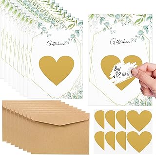 AIBAOBAO 8 Stück Rubbelkarten Zum Selber Beschriften DIY Rubbelkarte Set mit Kraftpapier Umschläge und Rubbelaufkleber Herz Gutschein Karten zum Ausfüllen Geschenke für Geburtstag Party Hochzeit Test 2025