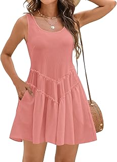 Sommerkleid Damen Ärmelloses Freizeit Knielang Kleider Einfarbig Lose Boho Blusenkleid Strandkleid Casual U-Ausschnitt Elegant Midi Kleid A-Linie Kleider mit Tasche Wickelkleid S-XL