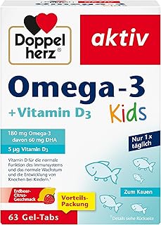 Doppelherz Omega-3 plus D3 Kids, Vitamin D wird für ein gesundes Wachstum und eine gesunde Entwicklung der Knochen bei Kindern benötigt, 63 Gel-Tabs Test 2025