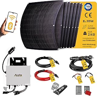 Balkonkraftwerk Set, 8x110W Flexible Solarmodule, 880W WLAN-Wechselrichter, 90% Leichter als Glas-Module, 15-Minuten Installation