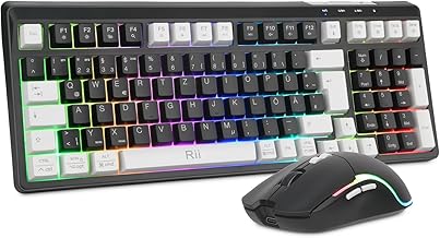 Rii Maus und Tastatur Kabellos Gaming, Tastatur Maus Set, Bluetooth + 2,4GHz Verbindung, LED-Hintergrundbeleuchtung, Wiederaufladbare, QWERTZ Test 2025