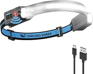 Smiling Shark Kopflampe, 2400mAh Ultra-Helle Wiederaufladbare Headlamp Weißes Licht & 2*Scheinwerfer Mit Bewegungsmelder Multi-Mode LED Stirnlampe mit 315°Drehfunktion für Outdoor Camping Wandern Test 2025