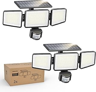 Philips Solarlampen für Außen mit Bewegungsmelder, 302 LEDs 1200 Lumen, Solarbetriebene Wasserdichte Wandfluter, 3 Köpfe, IP65 Wasserdicht, 3 Modi (2 Stück) Test 2025