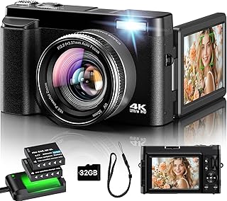 Digitalkamera 4K, 16X Autofokus Digitalzoom Kamera, 48MP 3 Zoll 180° Klappbarer LCD-Bildschirm HD Kompakte Vlog Kamera mit Ladestation, 2 Akkus, 32GB Karte, Geeignet für Anfänger, Kinder