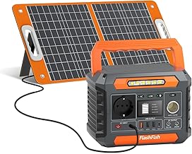 FlashFish 230Wh Tragbare Powerstation mit Solarpanel 60W, Solar Generator 300W(Spitze 600W) mit 2 DC-Anschlüsse, 4 USB-Anschlüsse, LED-Lichter, Notstromaggregat für Camping, Unterwegs,Stromausfälle