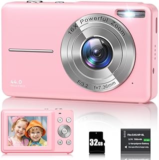 Digitalkamera 1080P 44MP Fotokamera 16X Digitalzoom Kamera, Vlogging Fotoapparat Kompaktkamera mit 2,4" LCD Bildschirm, 32G Micro Speicherkarte, 1 Akku für Kinder Teenager Studenten Anfänger-Rosa