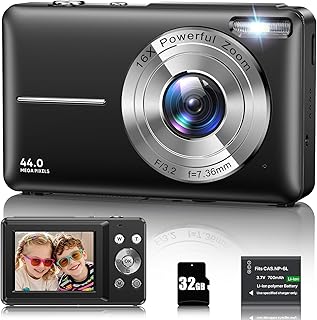 Digitalkamera 1080P 44MP Fotokamera 16X Digitalzoom Kamera, Vlogging Fotoapparat Kompaktkamera mit 2,4" LCD Bildschirm, 32G Micro Speicherkarte, 1 Akku für Kinder Teenager Studenten Anfänger-Schwarz