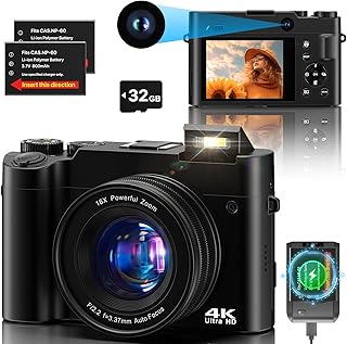 Digitalkamera 4K，64 MP Fotokamera Dual Kamera Anti-Shake Vlogging Fotokamera mit 32GB Speicherkarte, 16X Digitalzoom, 2 Akkus& Ladegerät，und Einsteiger Kompaktkamera für Jugendliche