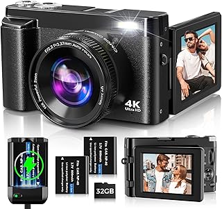 Digitalkamera,Oiadek 4K 48MP Autofokus Kamera Fotokamera mit 32 GB Speicherkarte 16-Fach Digitalzoom,Kompaktkamera mit 3,0 Zoll 180°-Klappbildschirm und Ladegerät für Anfänger