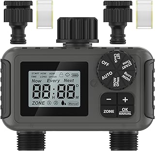 HITRENDS Bewässerungscomputer 2 Ausgänge, Großem LED-Display, Bewässerungs-Timer mit Regenverzögerung/manueller Übersteuerung/Wasserhahn-Timer, geeignet für Gärten, Rasenflächen und Topfpflanzen.