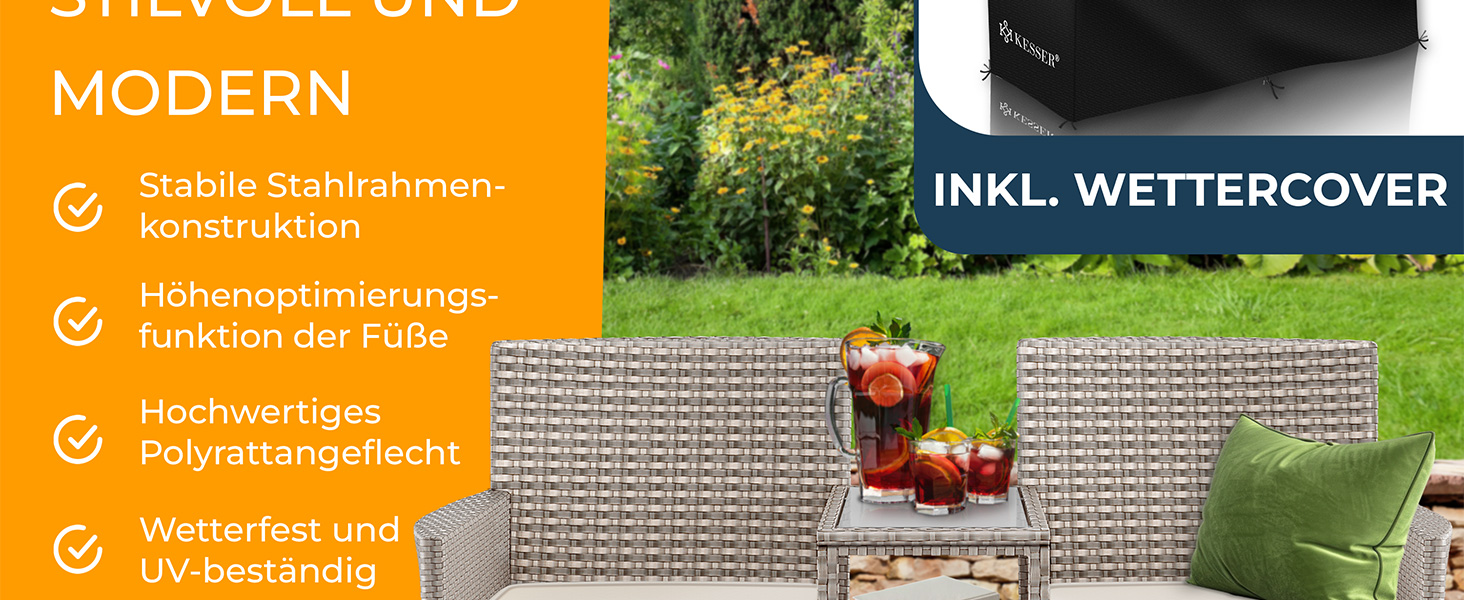 Gartenbank Polyrattan 2-Sitzer Grau Inkl. Schutzcover