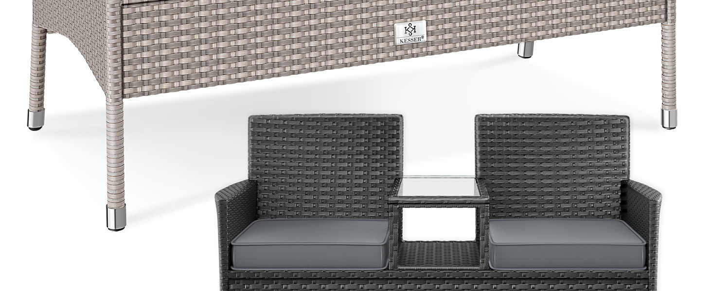 Gartenbank Polyrattan 2-Sitzer Grau Inkl. Schutzcover