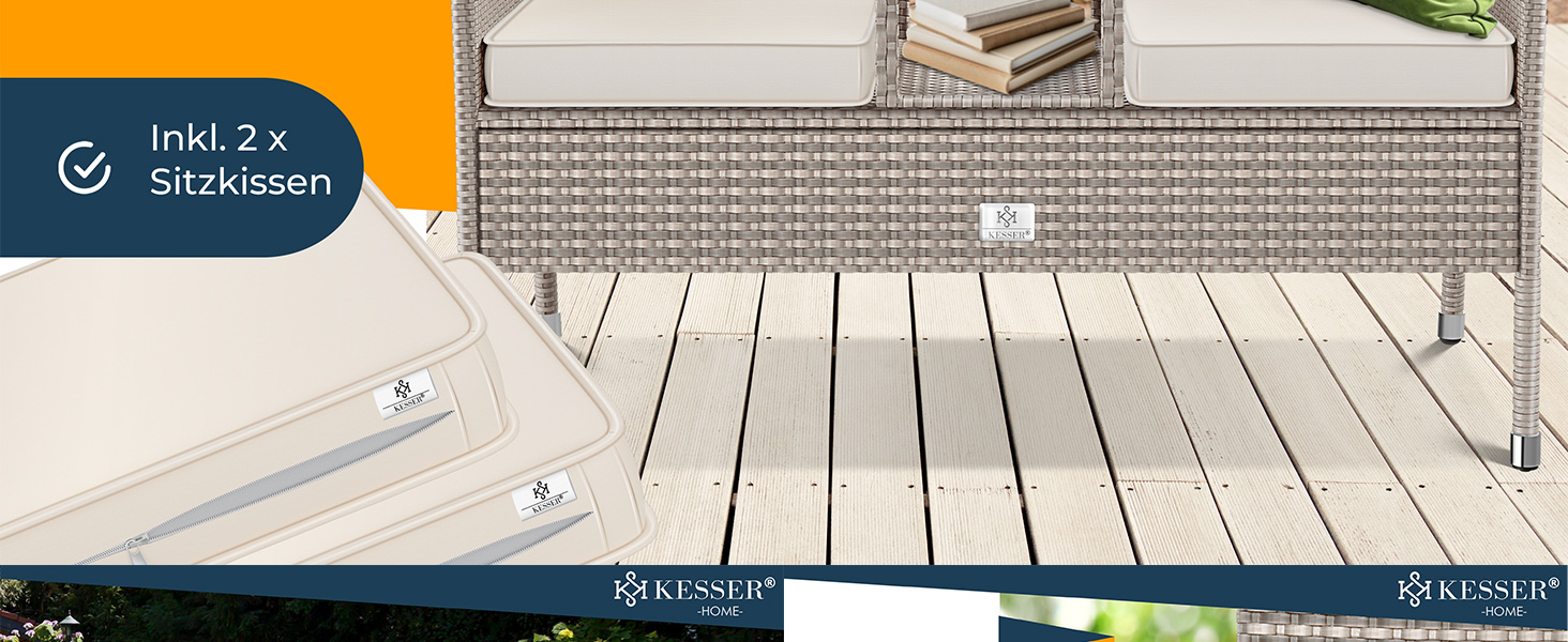 Gartenbank Polyrattan 2-Sitzer Grau Inkl. Schutzcover